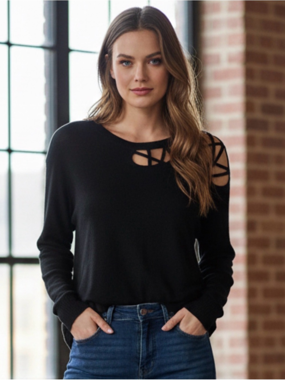 LNA Tencel Black Strappy Shoulder Long-Sleeve Women's Top size small
